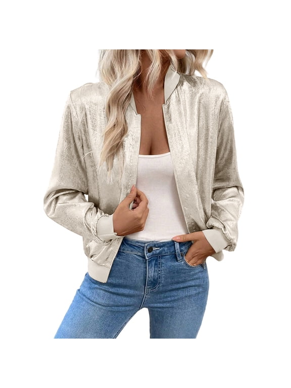 Women's Metallic Zipper Bomber Long Sleeve Lightweight Cropped Jackets Shiny Casual Tunic Disco Party Jacket