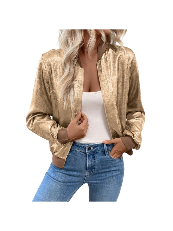 Women's Metallic Zipper Bomber Long Sleeve Lightweight Cropped Jackets Shiny Casual Tunic Disco Party Jacket