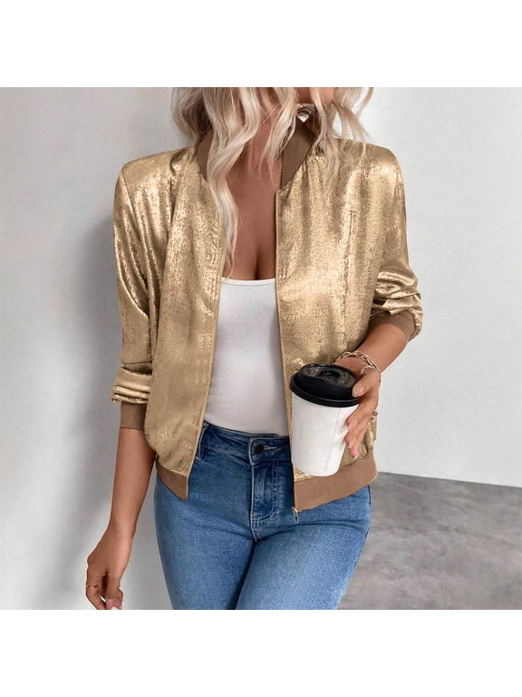 , Women's Metallic Zipper Jacket Matte Glossy Cropped Flight Jacket Full Shimmering Shiny Fall Coat Gold L