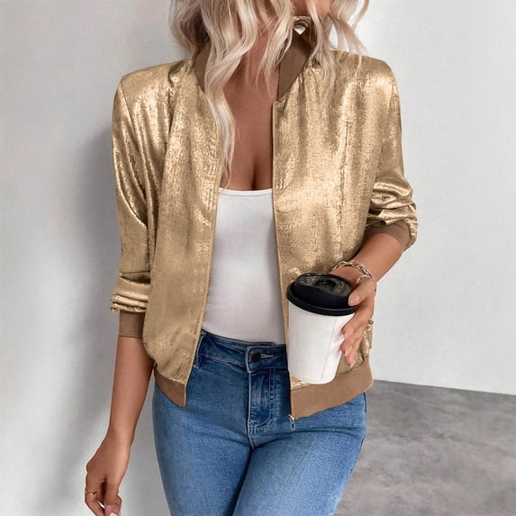 , Women's Metallic Zipper Jacket Matte Glossy Cropped Flight Jacket Full Shimmering Shiny Fall Coat Gold XXL
