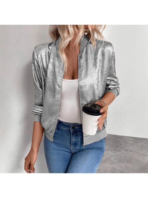 , Women's Metallic Zipper Jacket Matte Glossy Cropped Flight Jacket Full Shimmering Shiny Fall Coat Gray L
