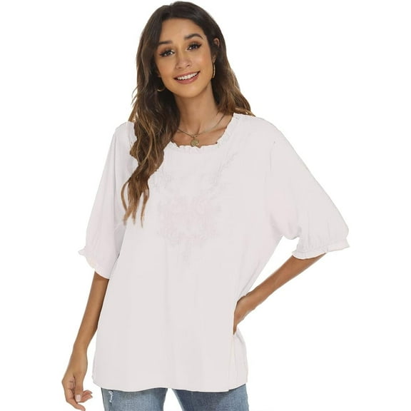 Women's Mexican Embroidered Seven-Point Sleeve Top  Boho Round Neck Shirts Bohemian Casual Tunic