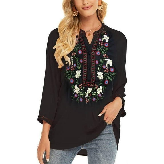 Women's Mexican Embroidered Tops Bohemian Clothes 3/4 Sleeve V Neck Boho Shirts Peasant Tunics Blouses