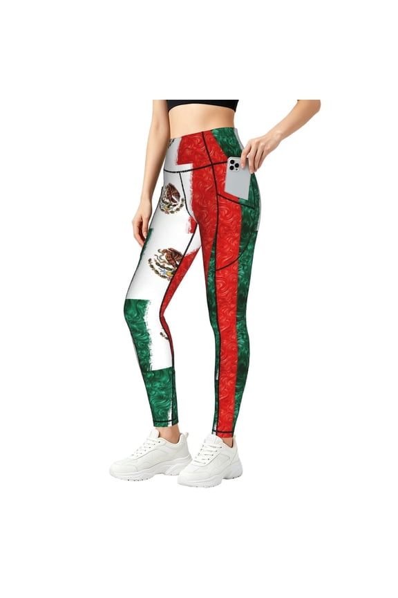 Women's Mexican Flag Print High Waisted Yoga Leggings with Pockets, Tummy Control Non See Yoga Pants Small