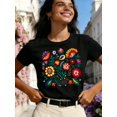 thumbnail image 1 of Women's Mexican Folk Art Floral Graphic T‑Shirt, Vibrant Fiesta Flower Embroidery‑Style Print Crew Neck Short Sleeve Casual Summer Tee, 1 of 8