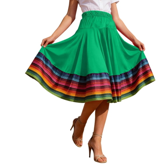 Women's Mexican Midi Skirt Elastic High Elastic Waist Colorful Flowy Striped Hem Casual A‑Line Long Skirt Green,L