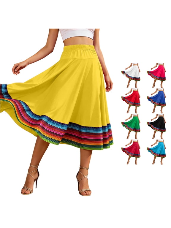 Women’s Mexican Midi Skirt Elastic Waist Flowy Bohemian Summer Casual Wear