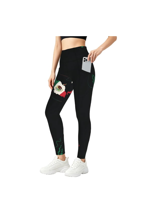 Women's Mexico-Flag-Map High Waisted Yoga Leggings with Pockets, Tummy Control Non See Yoga Pants Small