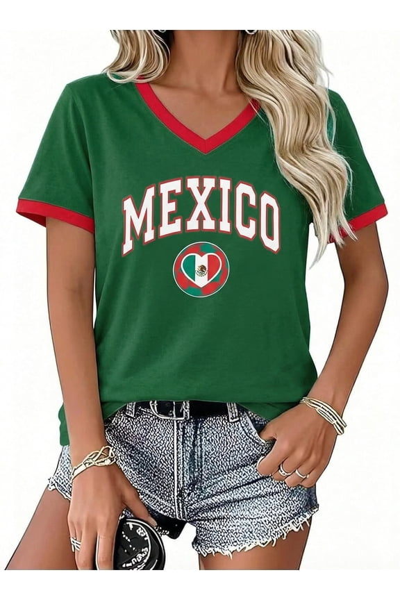 Women's Mexico Soccer Fan T-Shirt, Patriotic Green Red Heart Flag Graphic V-Neck Ringer Tee, 2026 Game Day Soccer Tournament Supporter Top