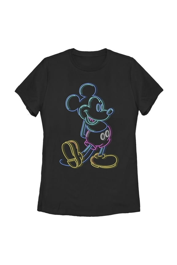 Women's Mickey & Friends Bright Neon Mickey Mouse Outline  Graphic Tee Black X Large