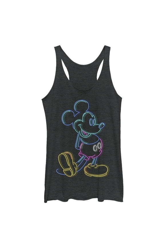 Women's Mickey & Friends Bright Neon Mickey Mouse Outline Racerback Tank Top Black Heather Large