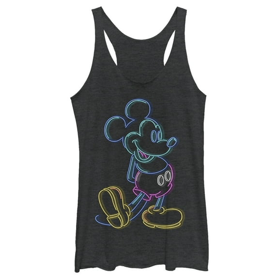 Women's Mickey & Friends Bright Neon Mickey Mouse Outline  Racerback Tank Top Black Heather Small