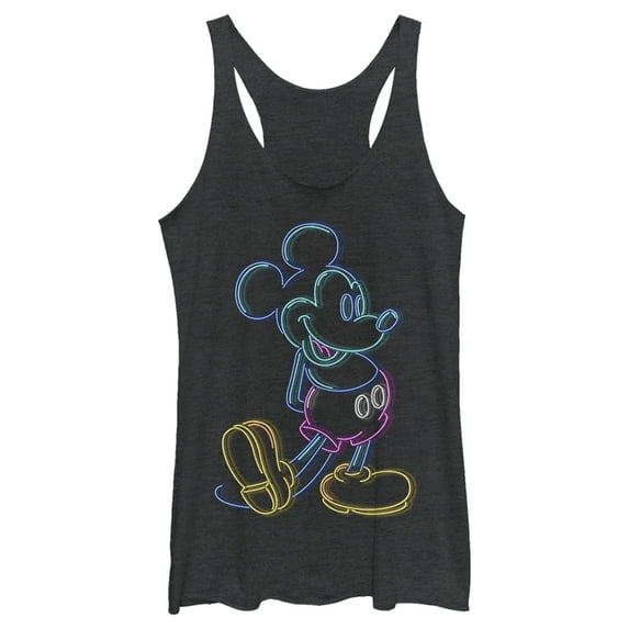 Women's Mickey & Friends Bright Neon Mickey Mouse Outline Racerback Tank Top Black Heather X Large