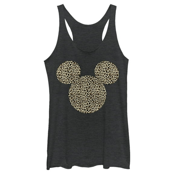Women's Mickey & Friends Cheetah Print Mickey Mouse Logo  Racerback Tank Top Black Heather 2X Large