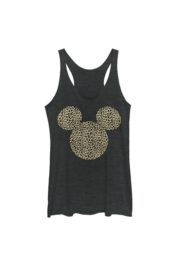 Women's Mickey & Friends Cheetah Print Mickey Mouse Logo Racerback Tank Top Black Heather Small