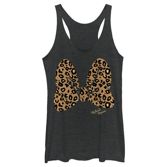 Women's Mickey & Friends Cheetah Print Minnie Mouse Bow Racerback Tank Top Black Heather X Large