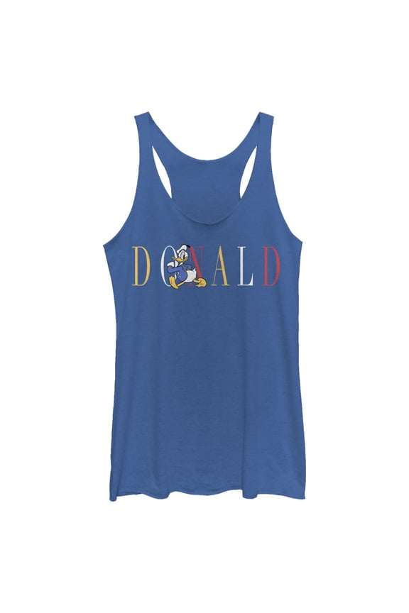 Women's Mickey & Friends Donald Duck Colorful Text Racerback Tank Top Royal Blue Heather X Large