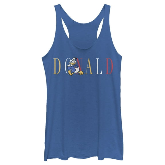 Women's Mickey & Friends Donald Duck Colorful Text Racerback Tank Top Royal Blue Heather X Large
