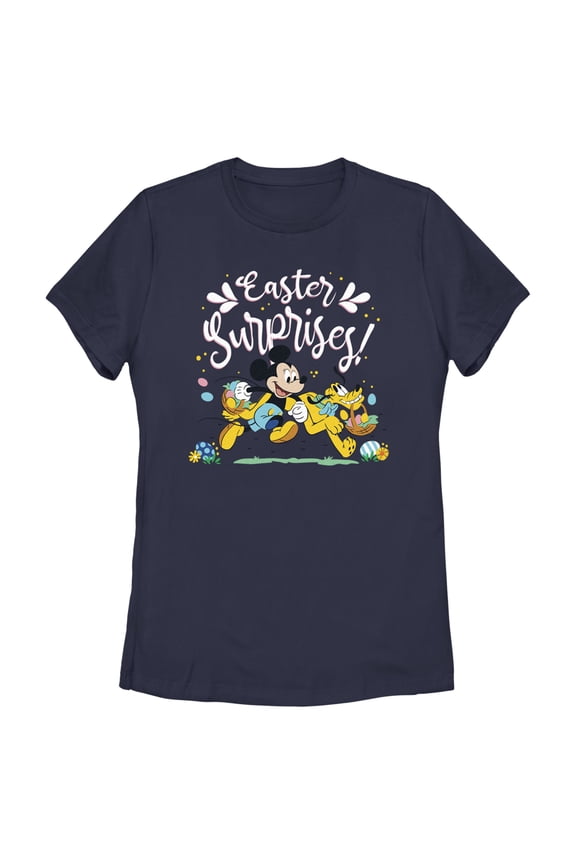 Women's Mickey & Friends Easter Surprises Mousey and Pluto Graphic Tee Navy Blue Small