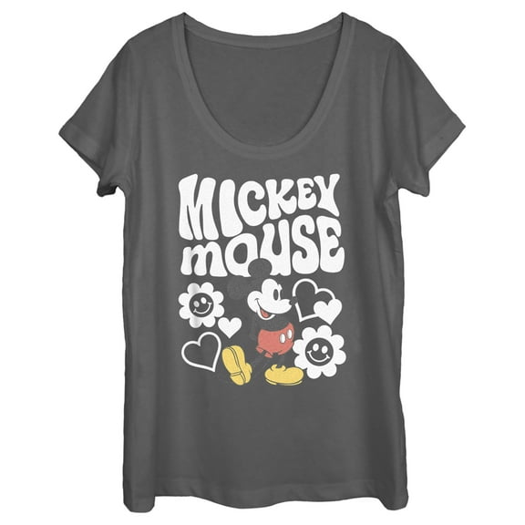 Women's Mickey & Friends Groovy Hearts and Smilies Logo White  Scoop Neck Charcoal Large