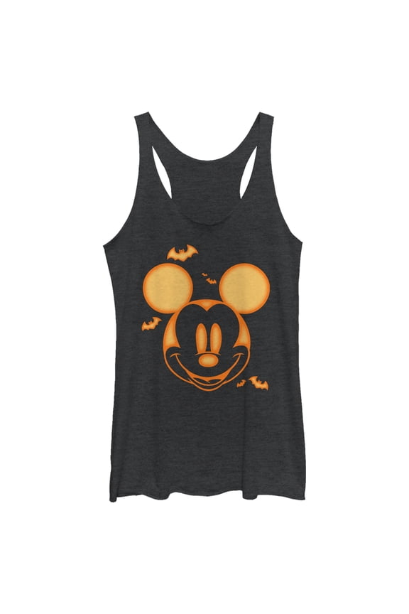 Women's Mickey & Friends Halloween Pumpkin Face Racerback Tank Top Black Heather Large