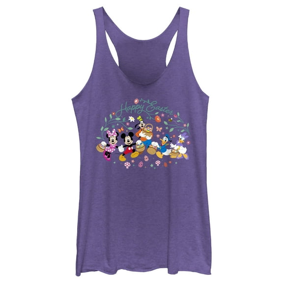 Women's Mickey & Friends Happy Easter Group Egg Hunt Racerback Tank Top Purple Heather Small