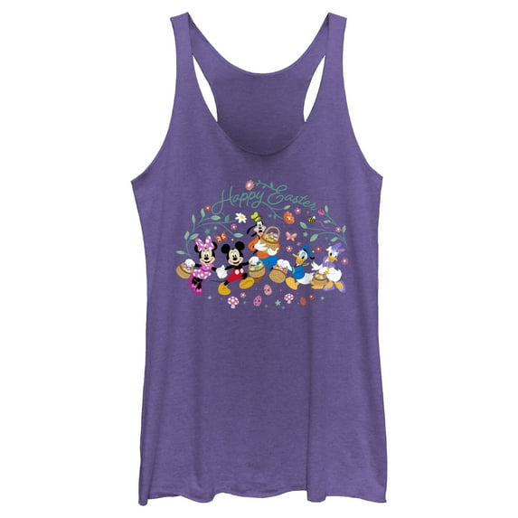 Women's Mickey & Friends Happy Easter Group Egg Hunt Racerback Tank Top Purple Heather X Small