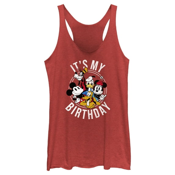 Women's Mickey & Friends It's My Birthday Group Shot Racerback Tank Top Red Heather X Large