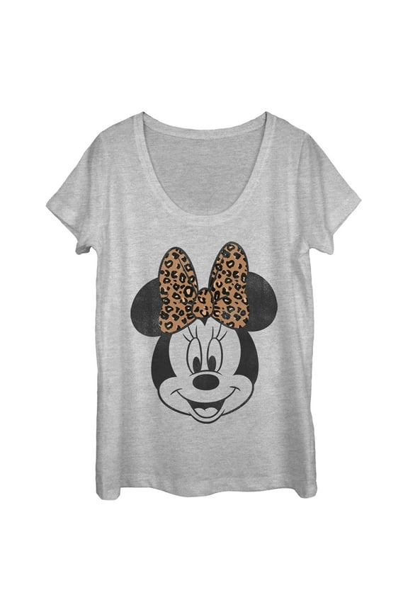 Women's Mickey & Friends Minnie Mouse Cheetah Print Bow Scoop Neck Athletic Heather X Large