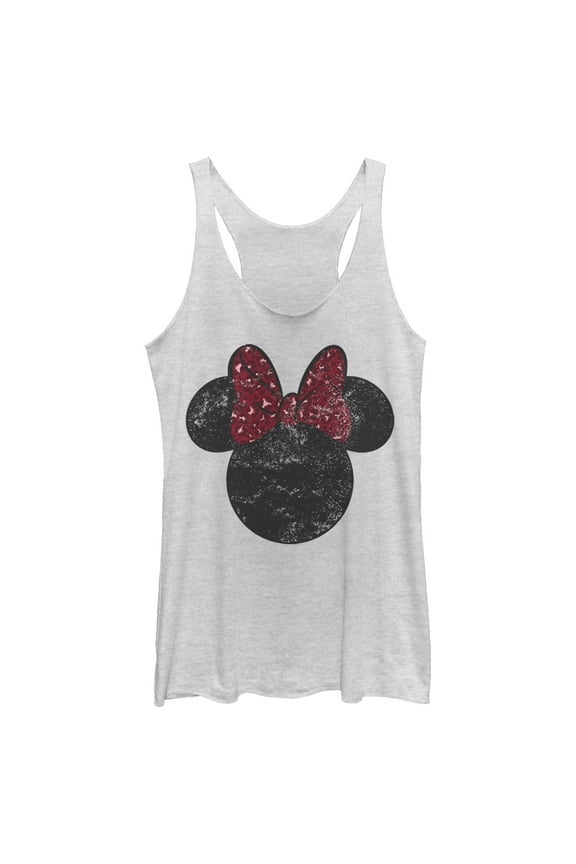 Women's Mickey & Friends Minnie Mouse Distressed Leopard Bow Racerback Tank Top White Heather Large