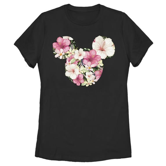 Women's Mickey & Friends Pink Floral Mickey Mouse Logo Graphic Tee Black Large