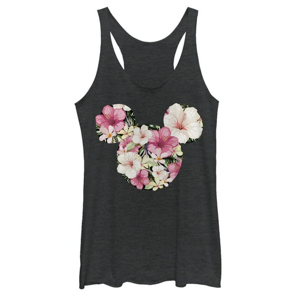 Women's Mickey & Friends Pink Floral Mickey Mouse Logo Racerback Tank Top Black Heather Large