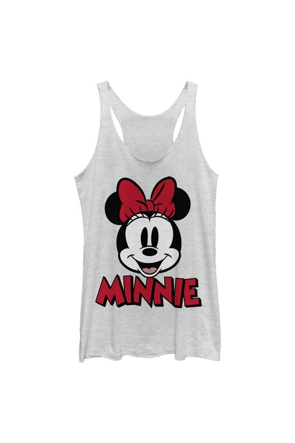 Women's Mickey & Friends Retro Minnie Mouse Big Face Racerback Tank Top White Heather X Large