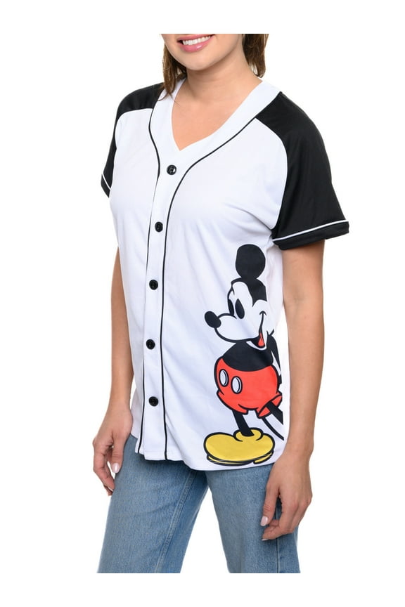 Women's Mickey Mouse Baseball Jersey Shirt White Button Down