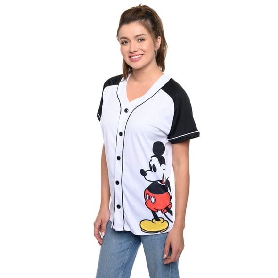 Women's Mickey Mouse Baseball Jersey Shirt White Button Down