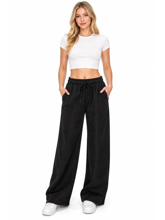 Women's Micro Corduroy Fleece Lined Wide Leg Pants Black S