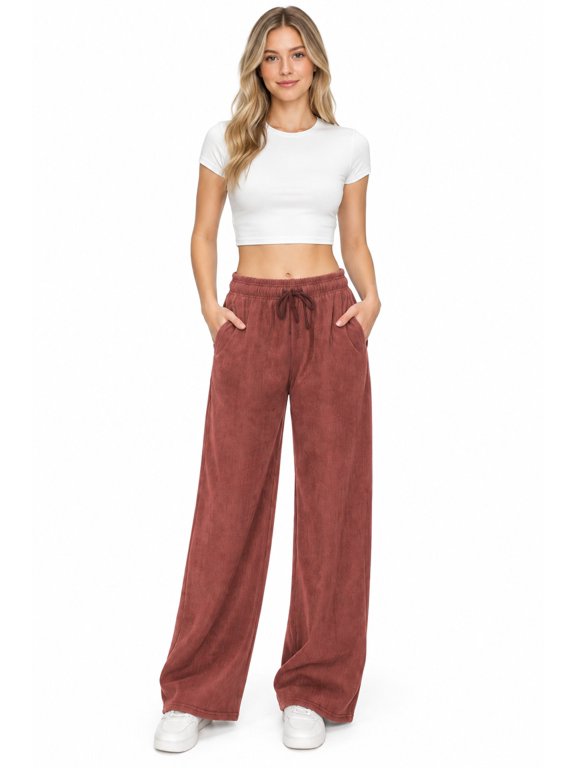 Women's Micro Corduroy Fleece Lined Wide Leg Pants Mauve L