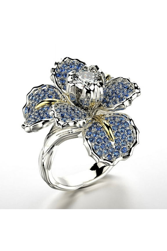 Women's Micro Pave Full Diamond Iris Two-Tone Blue Topaz Flower Ring