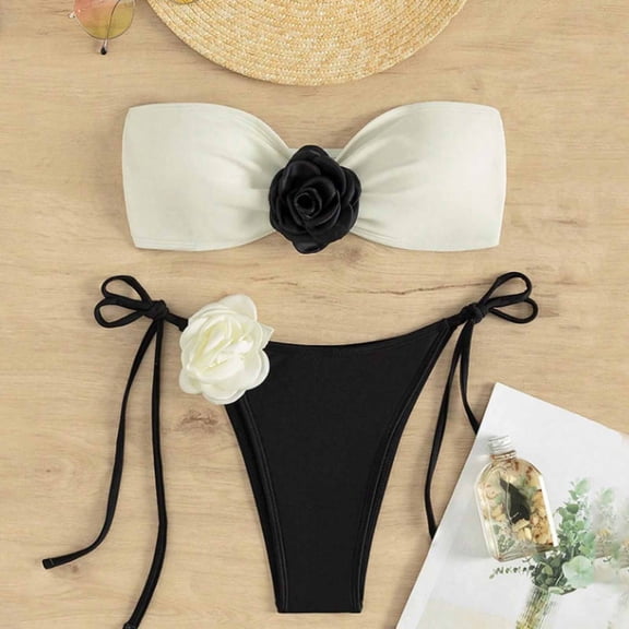 Women's Micro Swimsuits 3 Piece Strapless Floral Bikini Flower Bow Tie Side Bandeau Swimsuits High Cut Bathing Suit