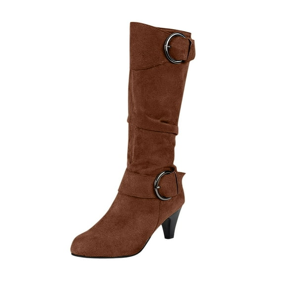 Women's Mid-Calf Boots - Autumn and Winter Fashion Suede Fine Heel Comfortable Solid Color Footwear for Women