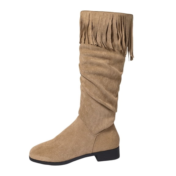 Xiaoxatg Women's Mid Calf Boots Casual Suede Fringe Ankle Booties for Women -On Round Toe Comfortable Autumn Winter Footwear 7.5 Khaki
