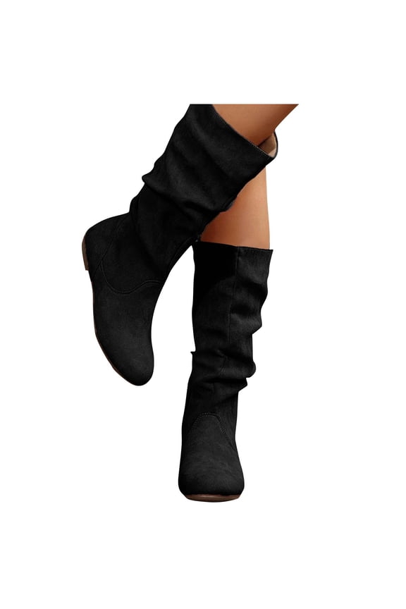 Women's Mid Calf Boots Fall Winter Falt Slouch Boot Pull On Suede Casual Boots with Side Zipper Women's Fashion Casual Stacked Flat Boots