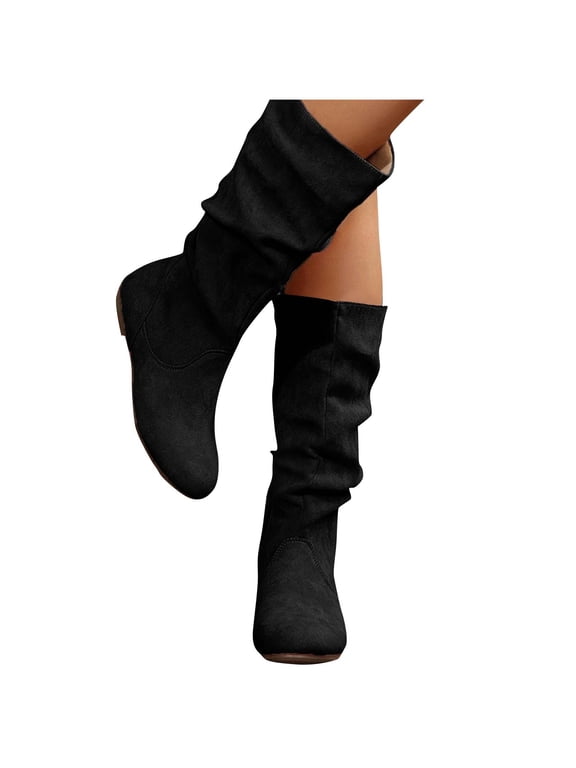 Women's Mid Calf Boots Fall Winter Falt Slouch Boot Pull On Suede Casual Boots with Side Zipper Women's Fashion Casual Stacked Flat Boots