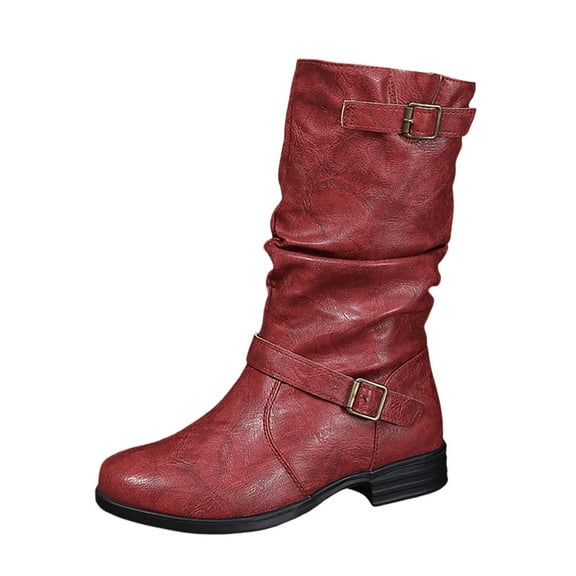 Xiaoxatg Women's Mid Calf Boots Fashion Casual Leather Ankle Booties with Buckle Detail for Comfortable Fall Winter Outfits 8 Wine