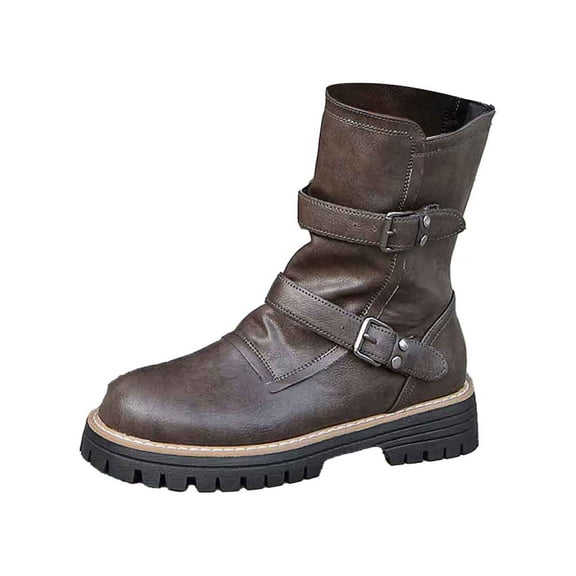 Women's Mid Calf Boots Fashion Heel On Ankle Boots Comfortable Casual Stretch Buckle Design Non Winter Footwear for Everyday Styling(Color:Brown,Size:9)