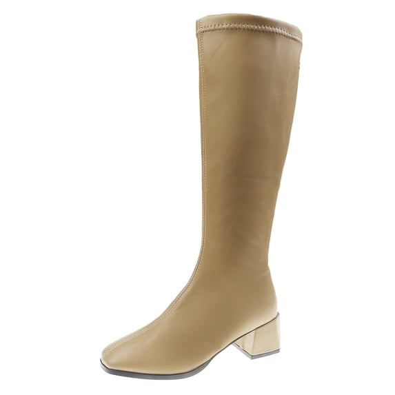 Women's Mid-Calf Boots Fashion Round Toe Heel Platform Leather Booties Zip Up Comfortable Casual Winter Shoes(Color:2Khaki,Size:8)