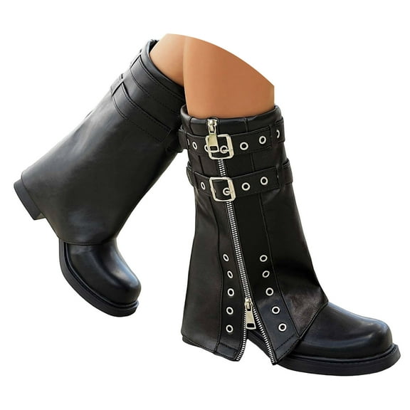 Women's Mid-Calf Boots Fashion Round Toe Leather Sole Heel Zip Up Classic Casual Comfortable Footwear