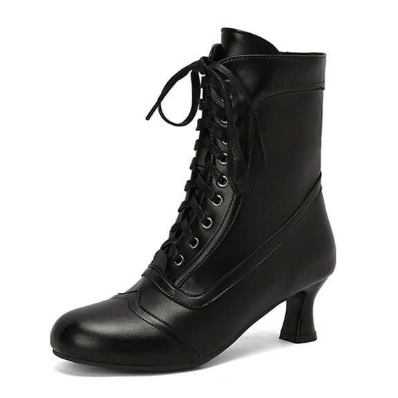 Xiaoxatg Women's Mid-Calf Boots Fashion Round Toe Low Heel Non Ankle Lace Up Side Zipper Design 8 Black