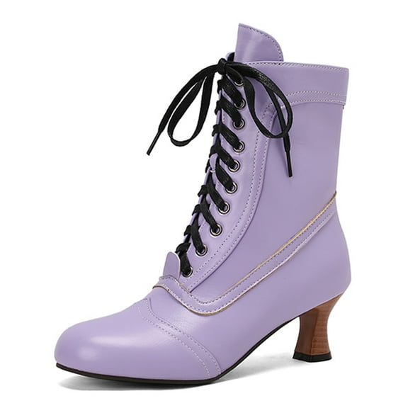 Xiaoxatg Women's Mid-Calf Boots Fashion Round Toe Low Heel Non Ankle Lace Up Side Zipper Design 8.5 Purple