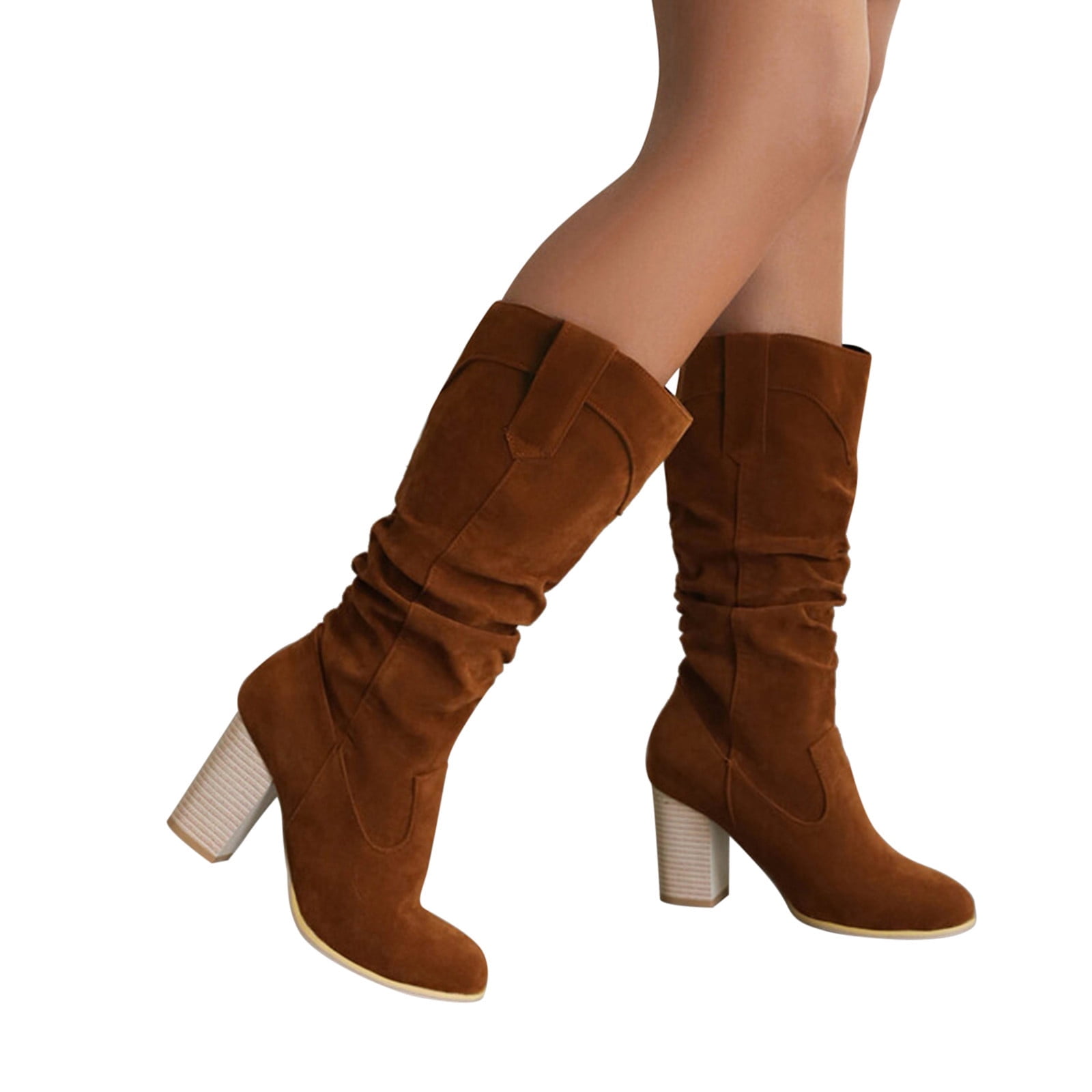 Women's MidCalf Boots Fashion Solid Color Suede High Heel Wrinkled Mid